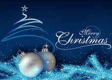 Blue Christmas Greeting With Baubles, Abstract Christmas Tree And Sparkling Needles - Background Illustration, Vector