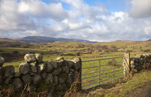 A Metal Gate In A Stone Wall With A Landscape Of Rolling Hills; Dumfries, Scotland