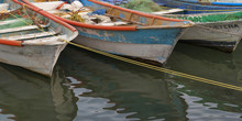 Rowboats With Peeling Paint Tied To The Shore With Rope; Sayulita, Mexico