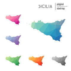 Sticker - Set of vector polygonal Sicilia maps filled with bright gradient of low poly art. Multicolored island outline in geometric style for your infographics.