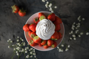 Aufkleber - Fresh strawberries with whipped cream, frozen yogurt on a dark background. Top view.