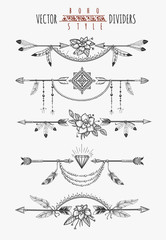 Wall Mural - Arrow feather drawing page dividers. Wild boho gypsy romantic elements for invitation design. Vector illustration