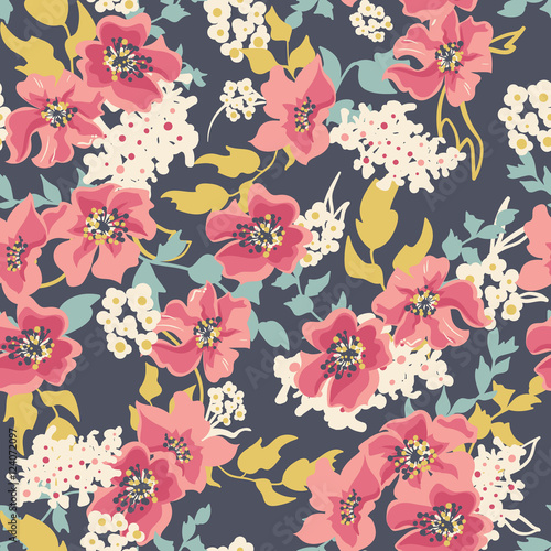 Cotton fabric Nahtlose floralen Muster mit Blumen auf dunklem Hintergrund