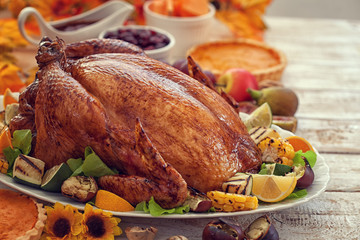 Thanksgiving Turkey dinner on white wooden table with copy space 