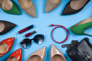  Women accessories and shoes on light background. Top view.
