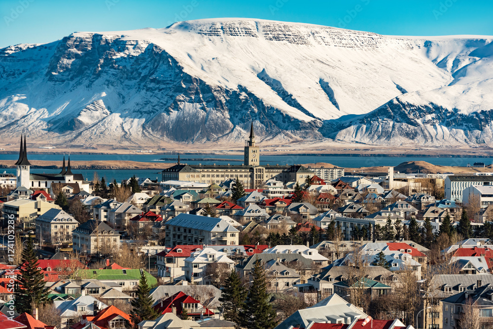 panoramic view of reykjavik at wintertime, iceland - obrazy, fototapety, plakaty 