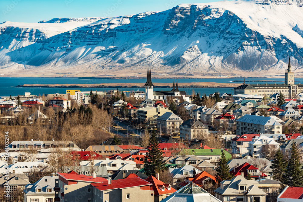panoramic view of reykjavik at wintertime, iceland - obrazy, fototapety, plakaty 
