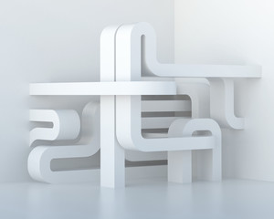 3d illustration. Abstract white three-dimensional architectural composition, background. Image and association: data transmission, pipeline, labyrinth, communications hub. Render.