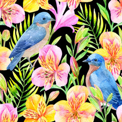 Sticker - Watercolor Alstroemeria flowers seamless pattern.