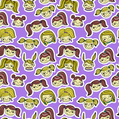  Set of cute cartoon girls.Colorful vector seamless pattern.