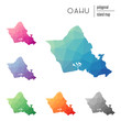 Set of vector polygonal Oahu maps filled with bright gradient of low poly art. Multicolored island outline in geometric style for your infographics.