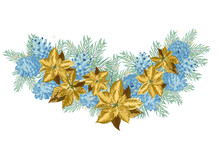 Vintage Christmas Garland With Blue Pine Cones And Golden Poinsettia Isolated On White Background