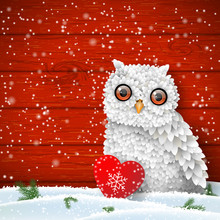 Cute White Owl Sitting In Snow In Front Of Red Wooden Wall, Winter Holiday Theme, Illustration