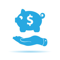 Wall Mural - flat hand showing blue piggy bank icon on a white background