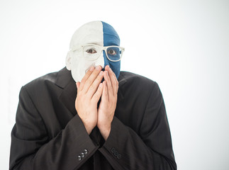 Blue and white face portait photo of a man