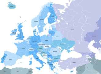 Europe high detailed vector political map with country names and main european rivers. All elements separated in detachable and labeled layers