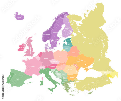 Fototapeta na szkło Europejska wektorowa kolorowa mapa polityczna. Wszystkie elementy można odłączyć i oznakować.