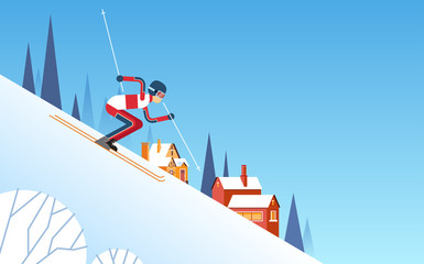 Man Skiing Downhill Winter Sport Snow Mountain Background Flat Vector Illustration