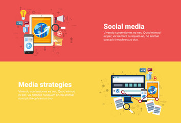Wall Mural - social media communication, marketing strategy business web banner flat vector illustration