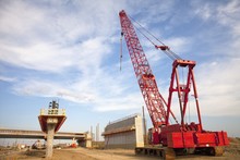 Bridge Construction Using A Crane; Edmonton, Alberta, Canada