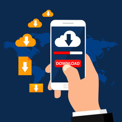Wall Mural - hand holds smartphone with button download and download cloud on screen. downloading various files. 