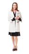 © Eric Hood - Full-length female woman doctor scientist researcher with clipboard isolated on white background for use alone or as a design element