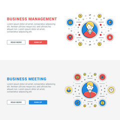 Set of flat line business website banner templates. Vector illustration. Modern thin line icons in circle. Illustration Concepts for Web Banners and Promotional Materials. Business management