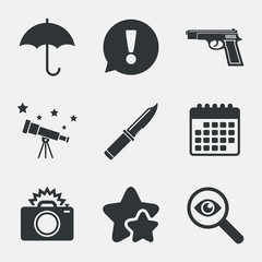 Gun weapon. Knife, umbrella and photo camera.