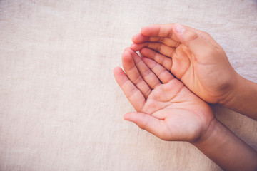 praying hands on toing copy space background, hope, gratitude, thankful, peace, faith concept