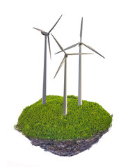 Wall Mural - wind power generators in green grass isolated on white