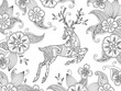 Coloring page with running deer and floral background. Horizontal composition.