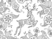 Coloring Page With Running Deer And Floral Background. Horizontal Composition.