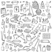 Hand Drawn Doodle Set Of Gardening Icons. Vector Illustration Set. Cartoon Garden Symbols. Sketchy Elements Collection: Lawnmower, Trimmer, Spade, Fork, Rake, Hoe, Trug, Wheelbarrow, Hose Reel.