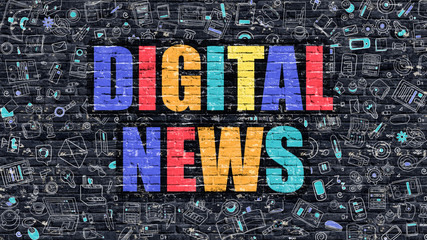 Wall Mural - digital news on dark brick wall.