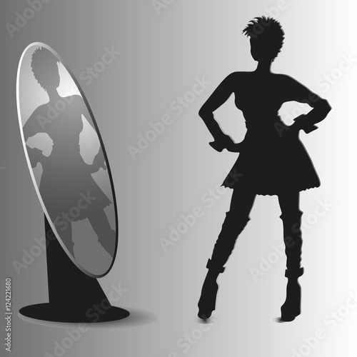 Girl And Mirror Design Sketch Drawing Style Silhouette Of A Woman Looking At Whether The Dress Skirt Haircut Reflection Boots Jackboot Eps10 Vector Illustration Of The Author S Work Stock Stock Vector