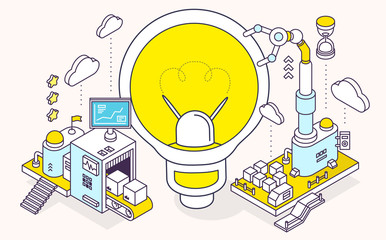 Vector illustration of light bulb and three dimensional mechanis