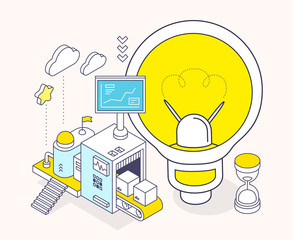 Vector illustration of light bulb and three dimensional mechanis