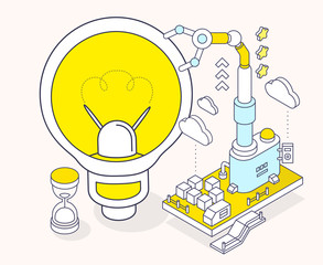 Vector illustration of light bulb and three dimensional mechanis