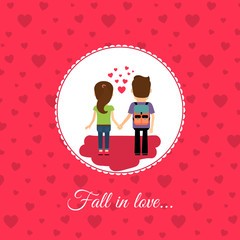 Wall Mural - fall in love couple, valintines day card template with pink background. vector illustration