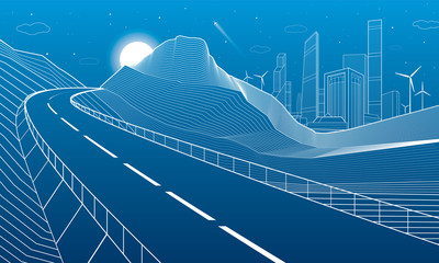 Highway in mountains, night scene, neon city and business buildings on background, white lines landscape, vector design art