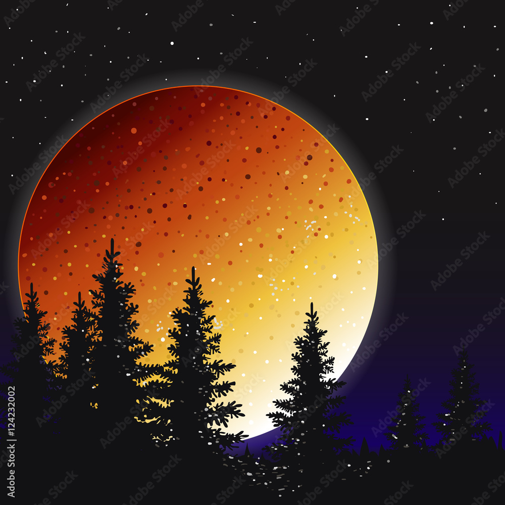 Vector. Night sky with the moon, stars, trees. Stock Vector | Adobe Stock