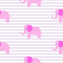 Cute Pink Elephant Seamless Vector Pattern. Cartoon Elephant Wild Safari Animal On White Striped Background For Kid Textile Prints And Apparel.