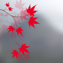 Wall Mural - Red maple leaves on the branches. Japanese red maple on a background of mountains in the mist. Landscape.  illustration