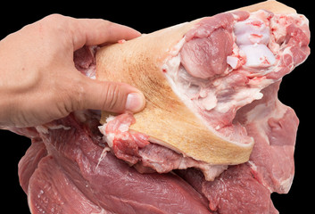 Poster - pork meat in hand on a black background