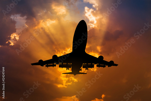 Cuadros en Lienzo Silueta, avión, vuelo, despegue, pista, ocaso