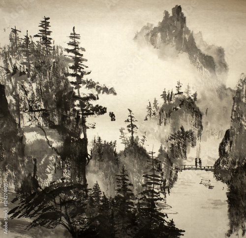 Naklejka na szybę Chiński krajobraz górski - sepia