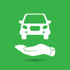 Wall Mural - flat hands showing white car icon - vector illustration