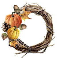 Watercolor Hand Painted Autumn Wreath Of Twig. Wood Wreath With Pumpkin, Pine Cone, Fall Leaves, Feather And Acorn. Autumn Illustration For Design And Background