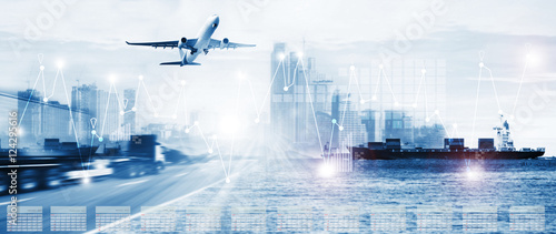 Fotomural container truck ,ship in port and freight cargo plane in transport and import-ex