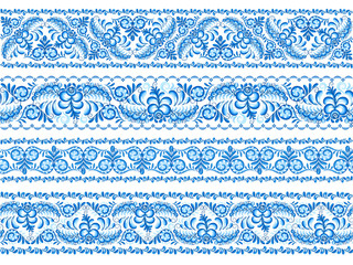 Wall Mural - Blue vector seamless borders set in Russian gzhel style